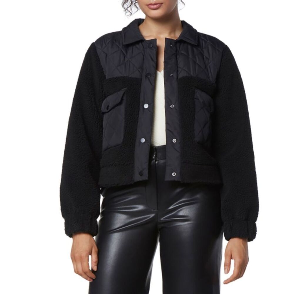 Andrew Marc Faux Shearling Quilted Trucker Jacket Women's Small Black Cozy NWT